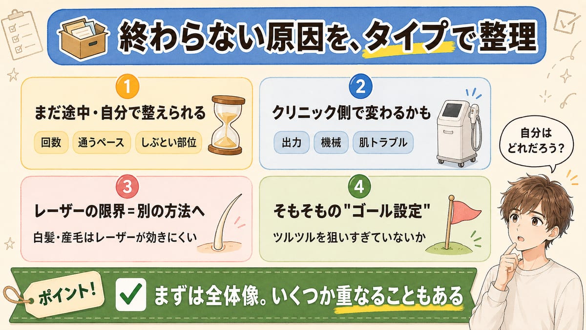 終わらない原因を、まだ途中で自分で整えられる・クリニック側で変わるかも・レーザーの限界で別の方法へ・そもそものゴール設定、の4つのタイプに整理した見出し画像