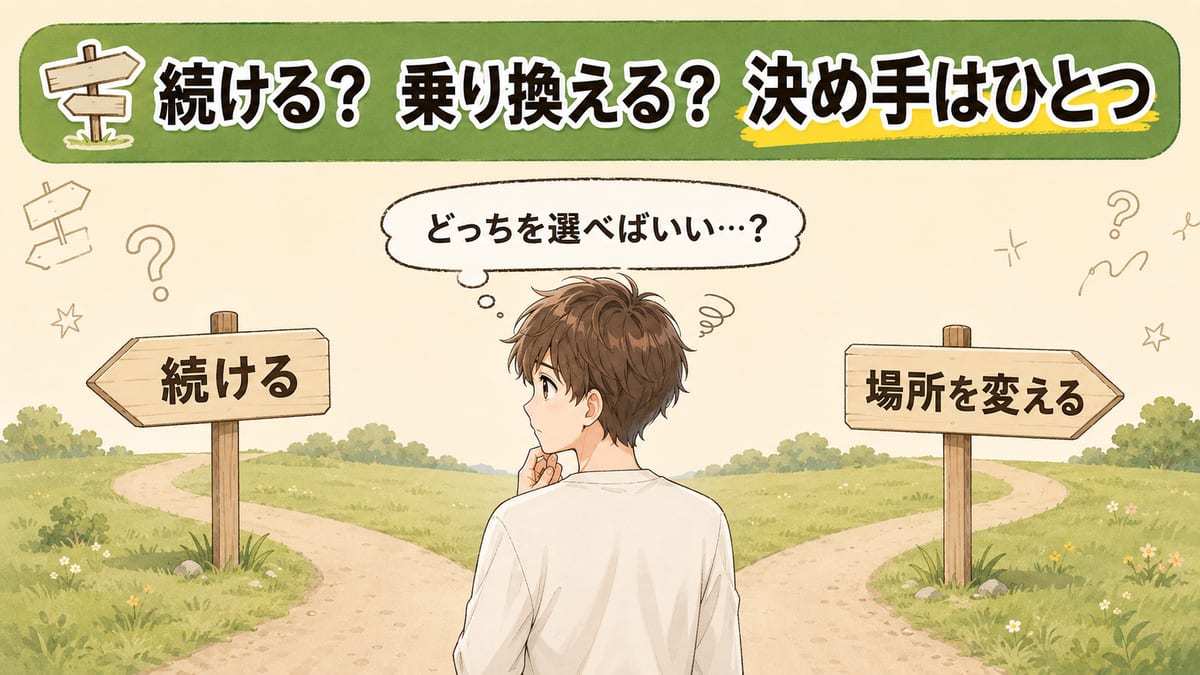 ヒゲ脱毛を続けるか場所を変えるかで迷う男性が、2本に分かれた道を見比べている章の入口の見出し画像