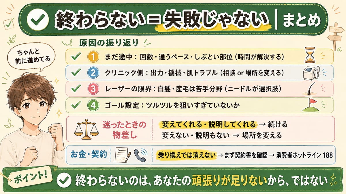 まだ途中・クリニック側・レーザーの限界・ゴール設定の振り返りに、続けるか場所を変えるかの物差しと、お金や契約は乗り換えでは消えないので契約書確認と消費者ホットライン188を添えた、ヒゲ脱毛が終わらないときのまとめ図