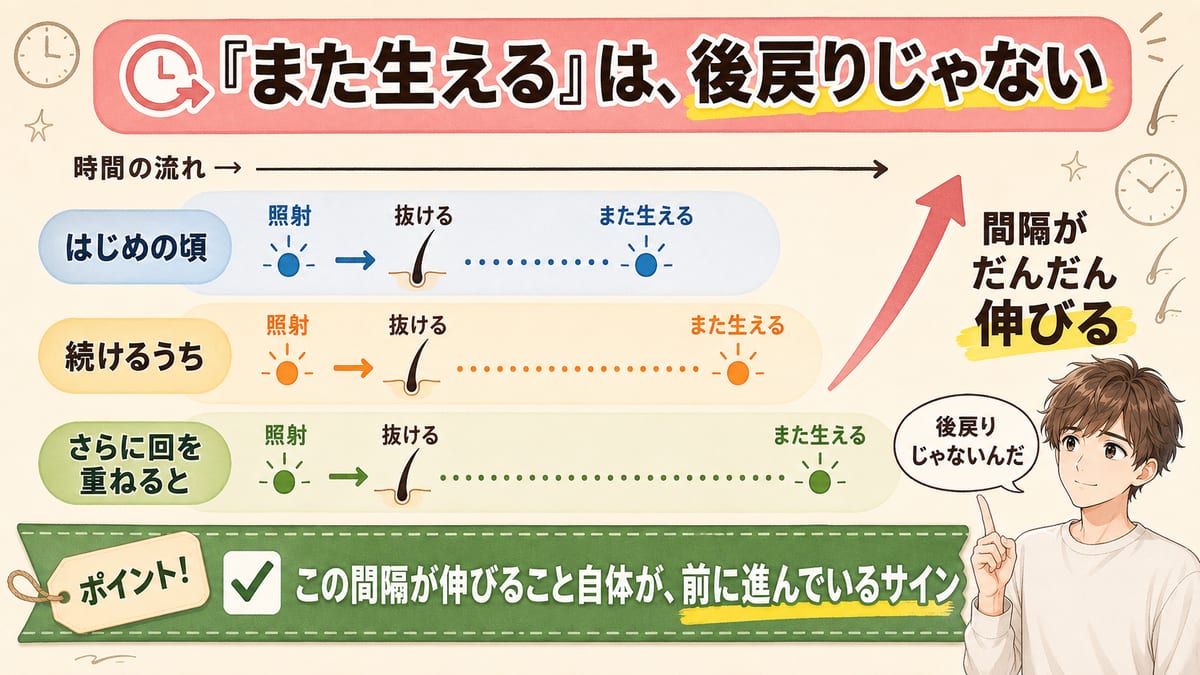 照射のあと また生えるまでの間隔が、はじめの頃・続けるうち・さらに回を重ねるごとに帯の長さで伸びていく様子を示し、間隔が伸びること自体が前に進んでいるサインだと伝える図解
