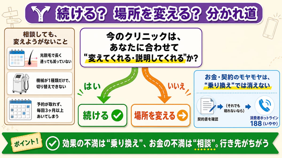 今のクリニックが変えてくれる・説明してくれるかを問いに、はいなら続ける・いいえなら場所を変える2本の道を示し、相談しても変えようがない3つのサインと、お金や契約は乗り換えでは消えないので契約書確認と消費者ホットライン188へつなぐ分かれ道の図解