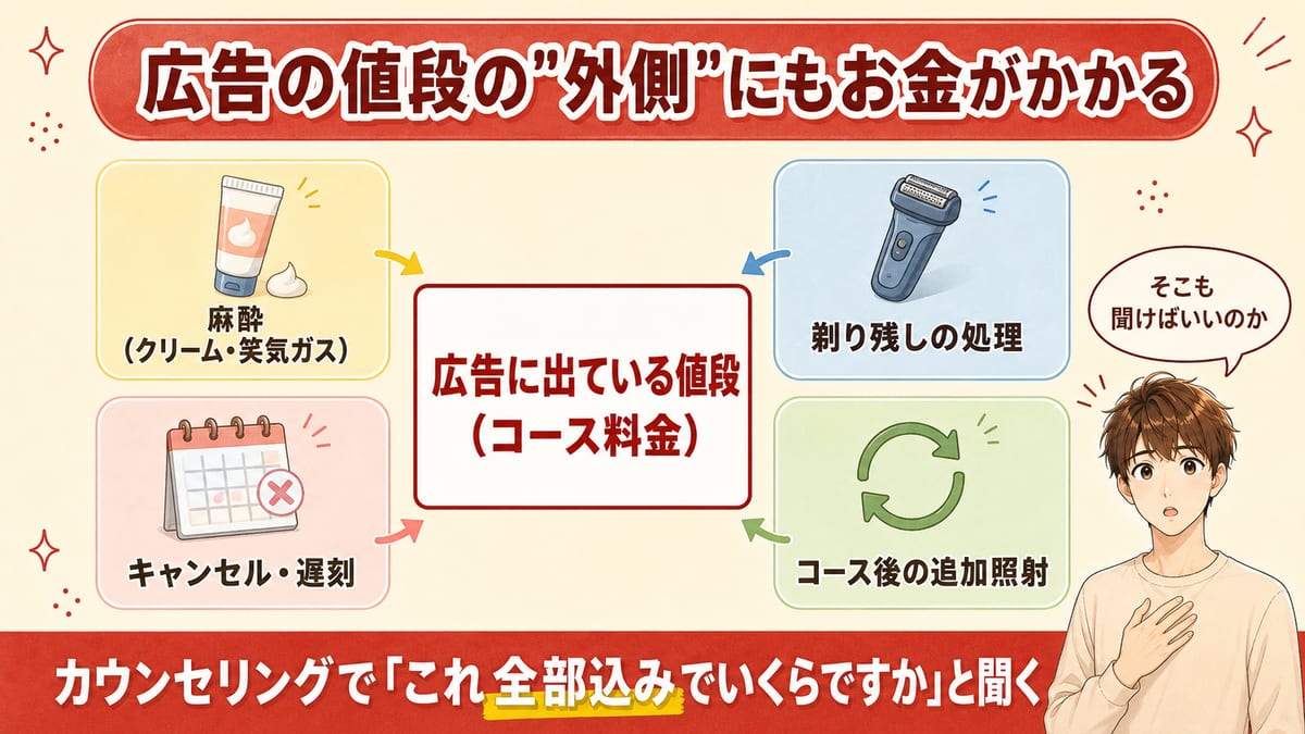 ヒゲ脱毛の広告の値段の外側に麻酔や剃り残しの処理などの費用がかかることを示した図解