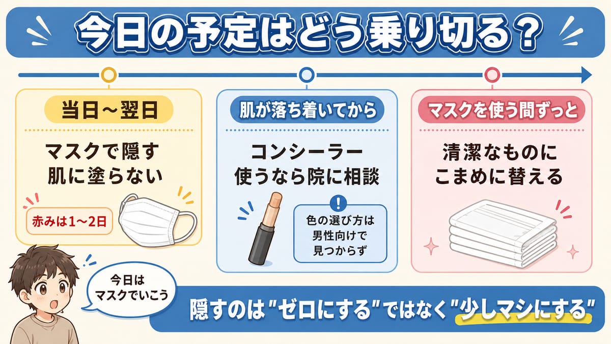 泥棒ヒゲの隠し方を、当日のマスクから肌が落ち着いたあとまで時間順に並べた見出し画像