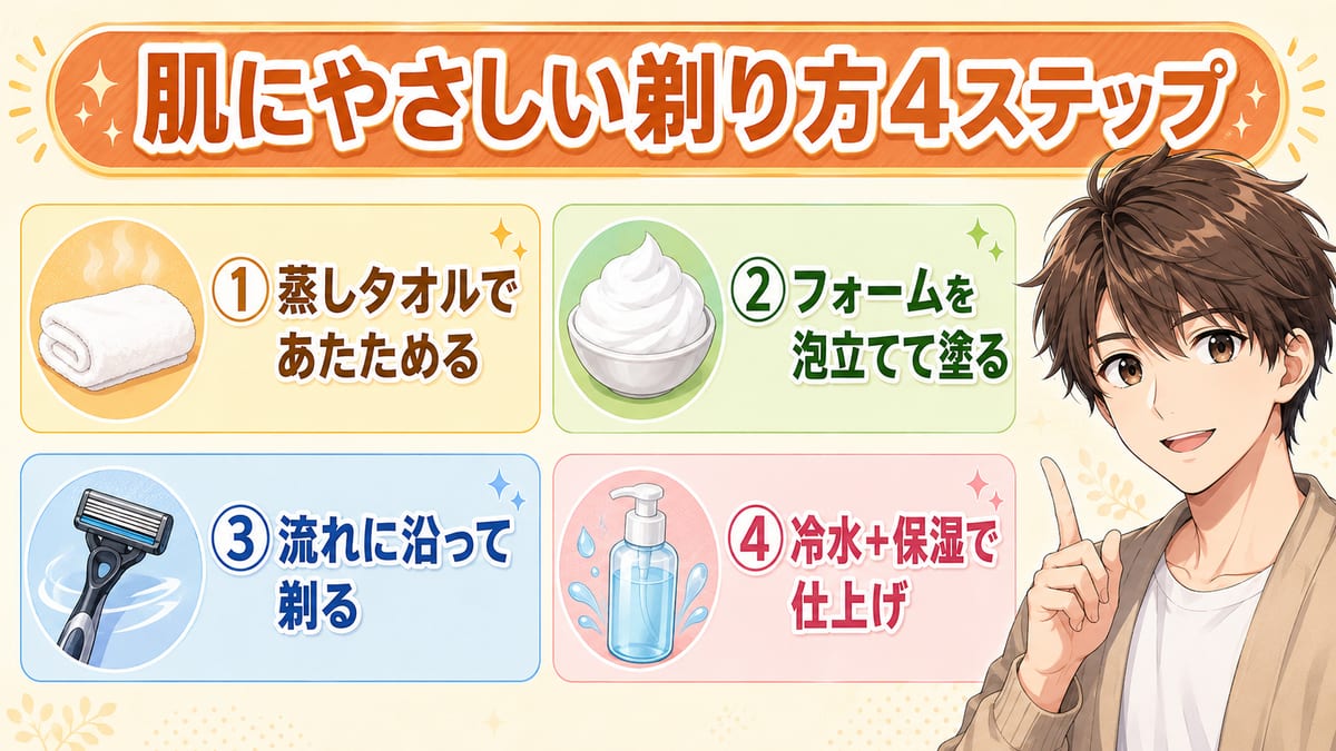 青ヒゲを目立たなくする肌にやさしい剃り方4ステップをまとめた見出し画像