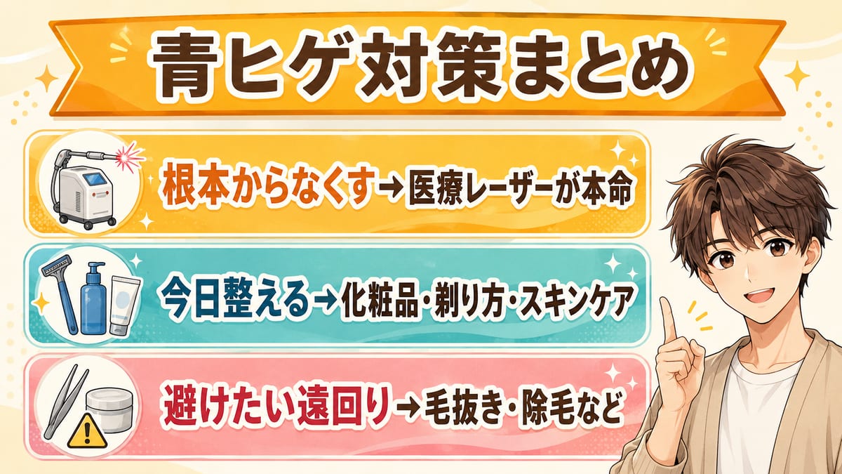 青ヒゲ対策まとめ（根本は医療レーザー・今日整えるは化粧品や剃り方・避けたい遠回り）の見出し画像