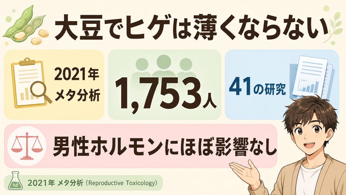大豆やイソフラボンでヒゲは薄くならないことを示す研究データ図。2021年のメタ分析（41の研究・のべ1,753人）で男性ホルモンにほぼ影響なしという結論