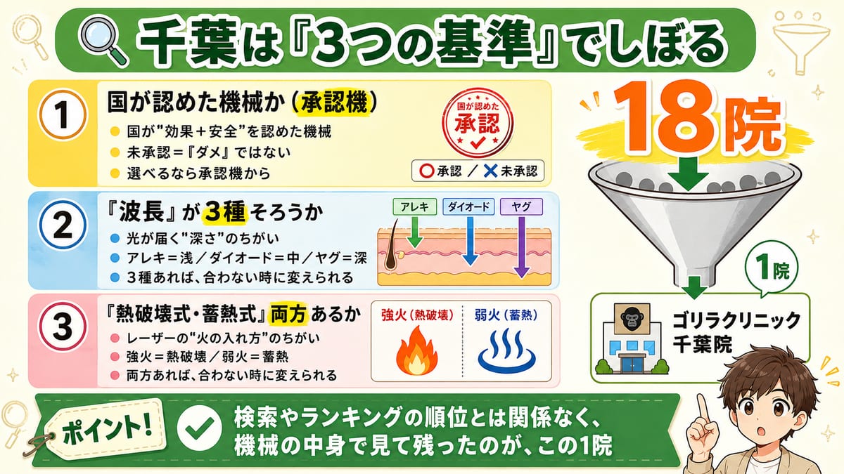 承認機・波長3種(アレキ/ダイオード/ヤグ)・方式2つの3基準で千葉の18院をしぼり、ゴリラ1院が残る流れの図