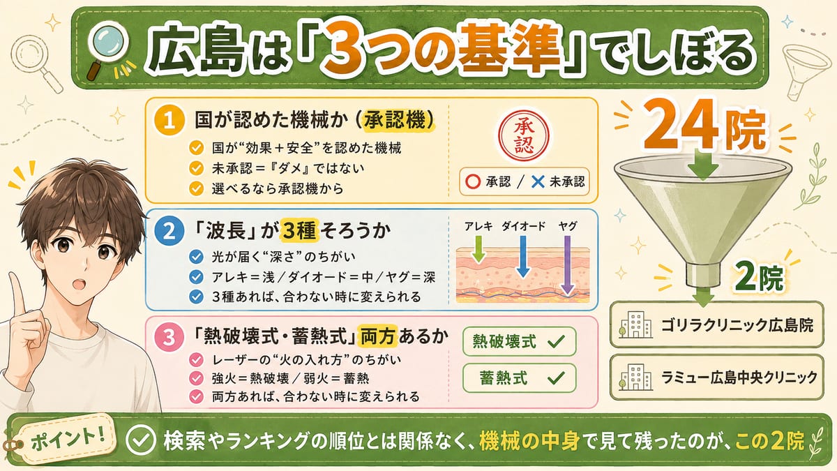 承認機・波長3種(アレキ/ダイオード/ヤグ)・方式2つの3基準で広島の24院をしぼり、2院が残る流れの図