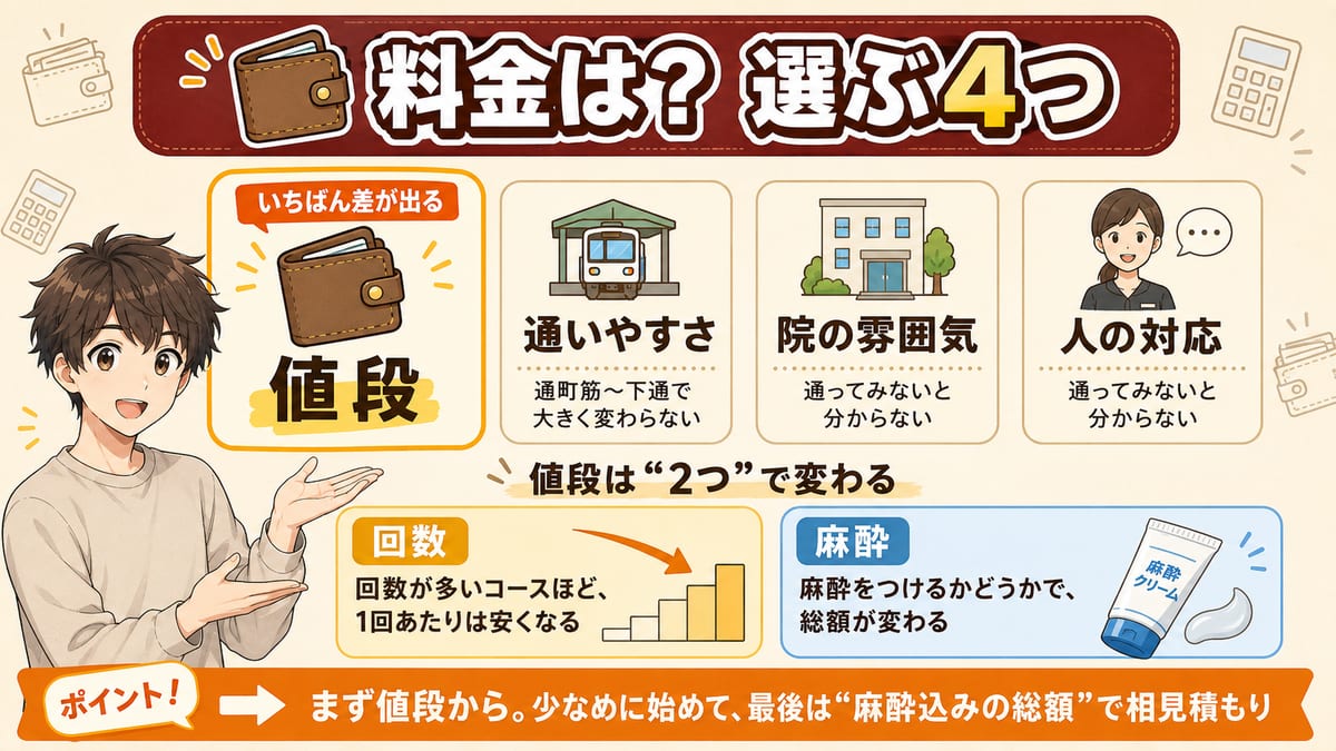 熊本のヒゲ脱毛を値段・通いやすさ・雰囲気・対応の4つで選び、値段は回数と麻酔で変わるとまとめた見出し図