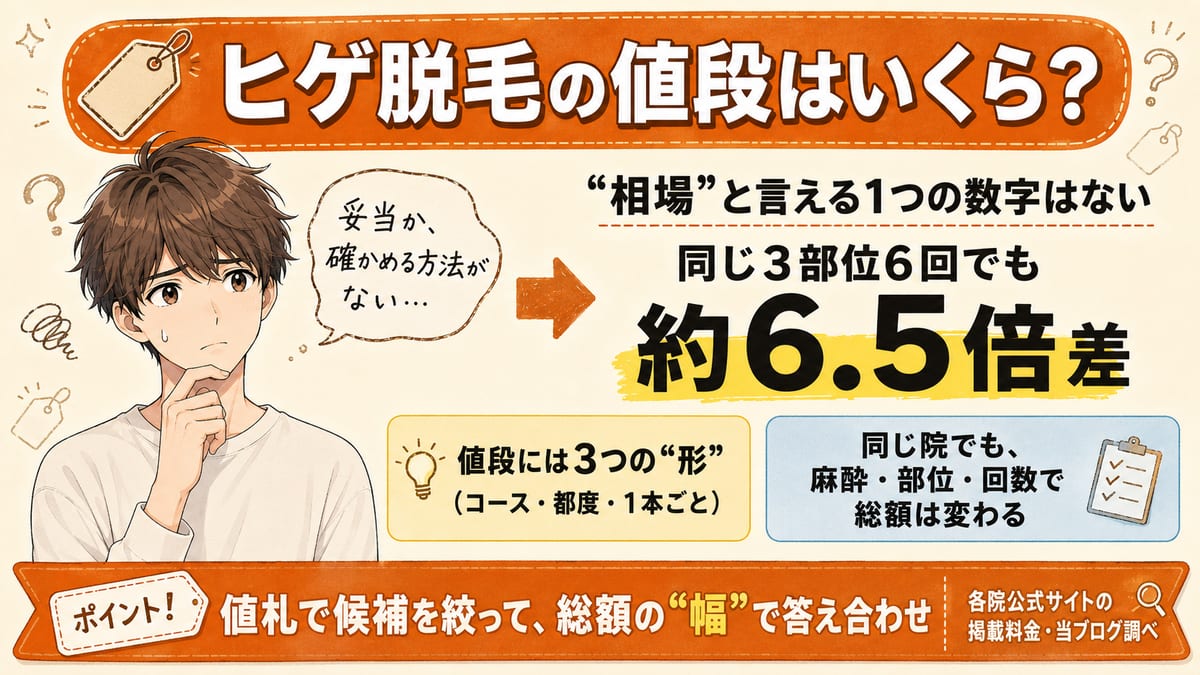 ヒゲ脱毛の値段に相場と言える1つの数字はなく、同じ3部位6回でも院によって約6.5倍差がある(当ブログ調べ)ことを示す見出し画像