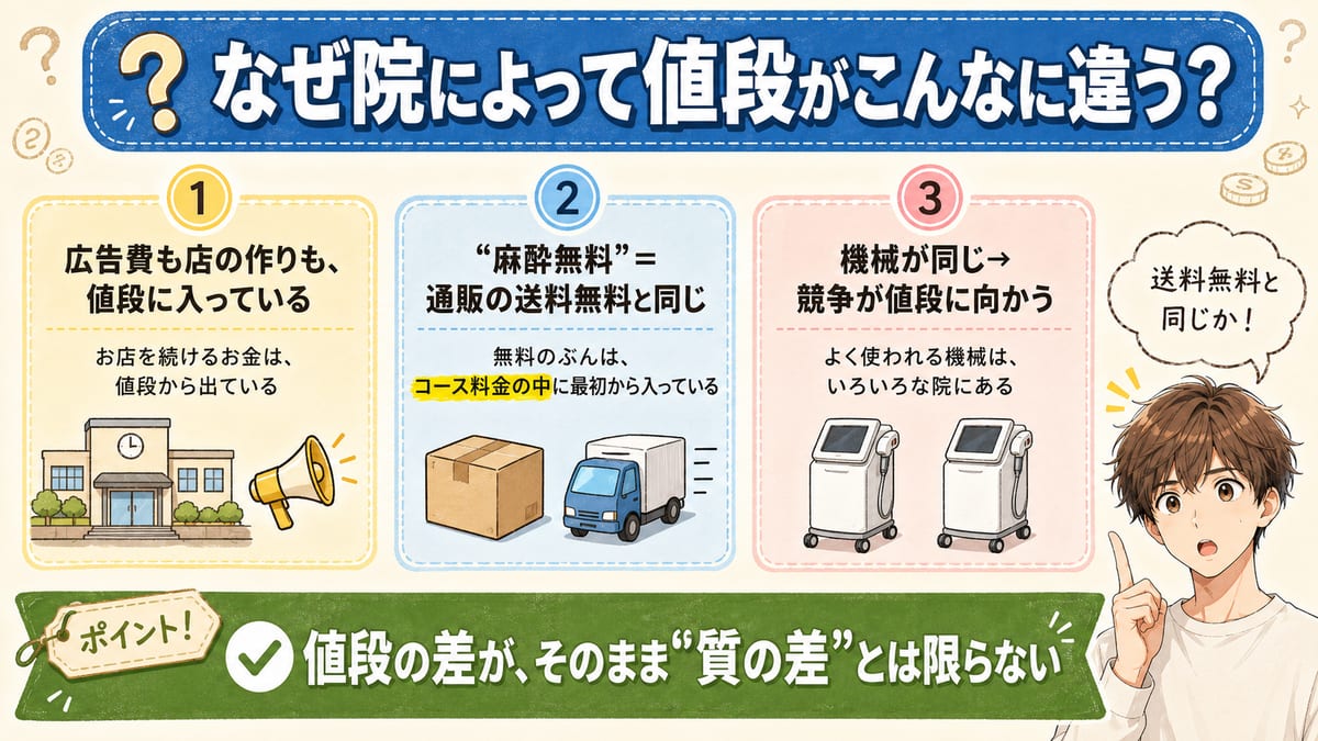 広告費や家賃も値段に入っている・麻酔無料は送料無料と同じ・同じ機械だから競争が値段に向かう、というヒゲ脱毛の値段が院で違う3つの理由の見出し画像
