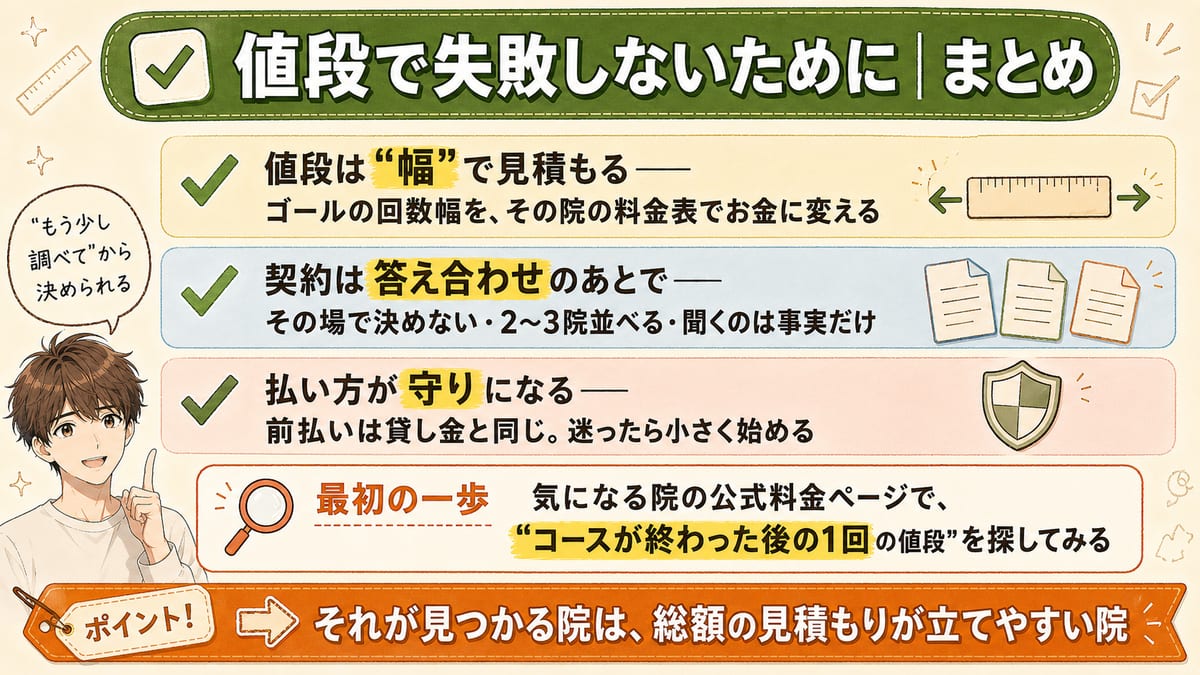 値段は幅で見積もる・契約は答え合わせのあと・払い方が守りになる、というヒゲ脱毛の値段で失敗しないためのまとめ図