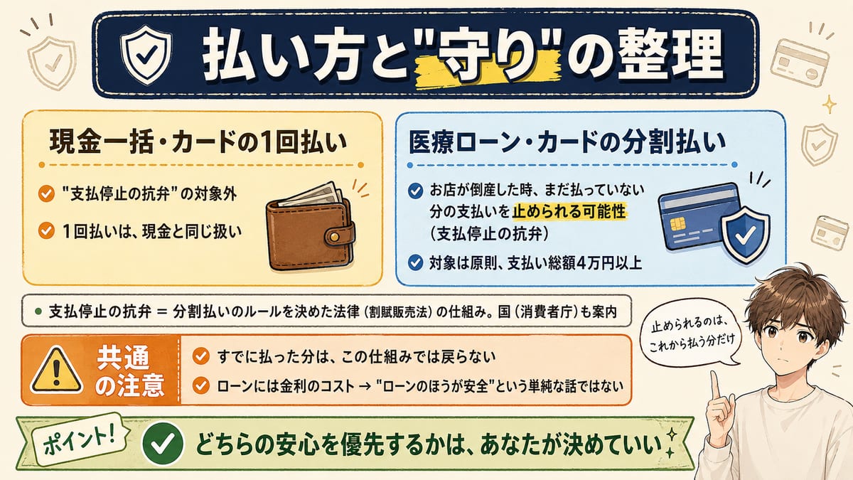 現金一括やカード1回払いは支払停止の抗弁の対象外、医療ローンや分割払いは倒産時に未払い分を止められる可能性がある、という払い方と守りの整理図解