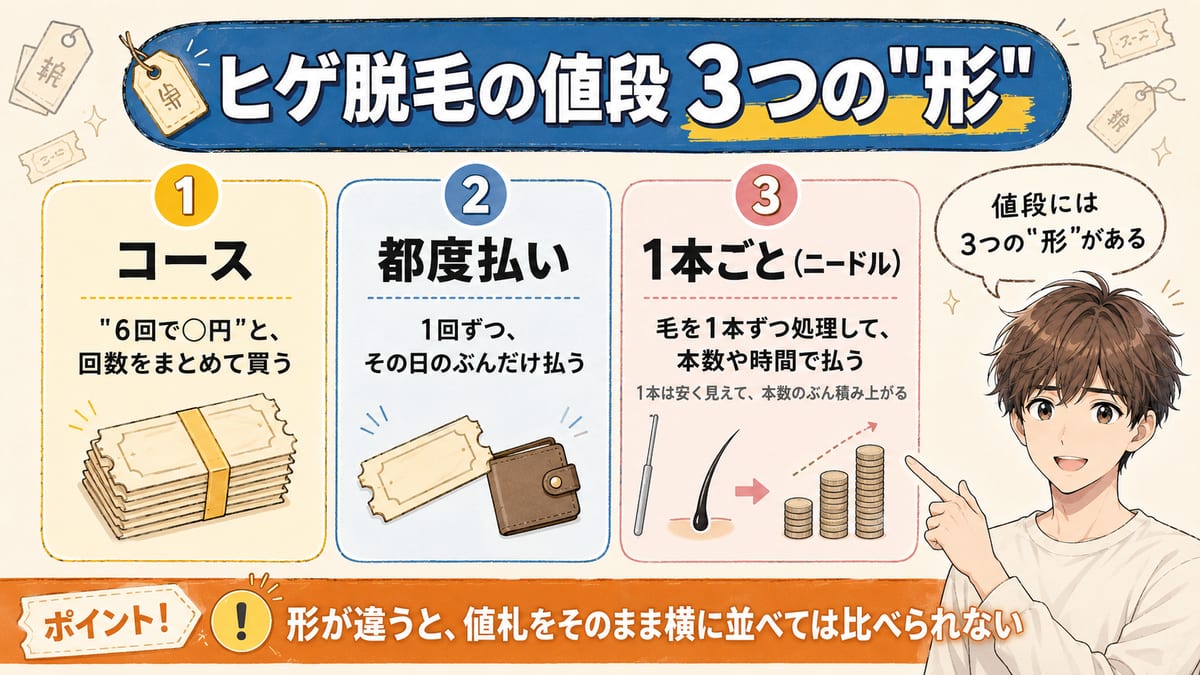 ヒゲ脱毛の値段の3つの形(コースでまとめて買う・都度払い・ニードルで1本ごと)を比べた図解