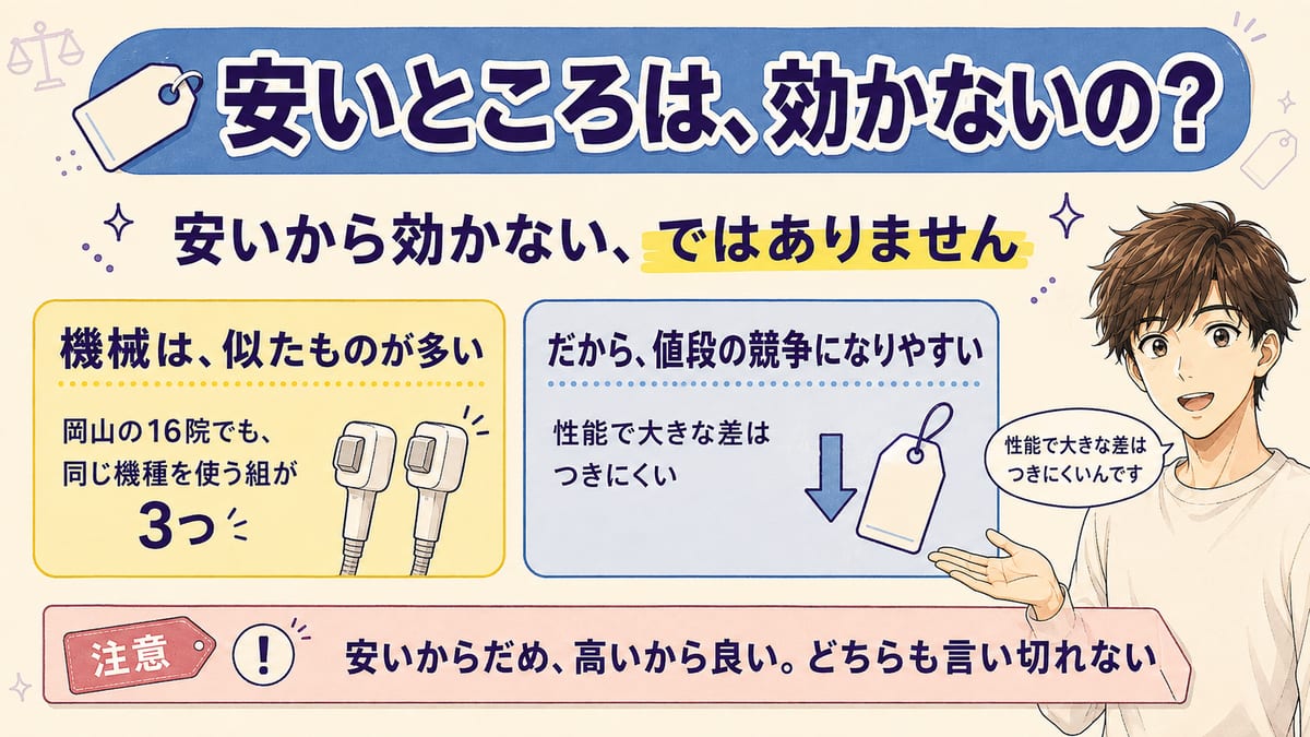 安いヒゲ脱毛が効かないわけではなく、機械が似ているため値段の競争になりやすいと説明した見出し図