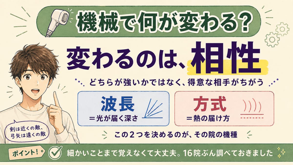 ヒゲ脱毛の機械で変わるのは強さの順位ではなく相性で、そのちがいの正体は波長と方式の2つだと示した見出し図