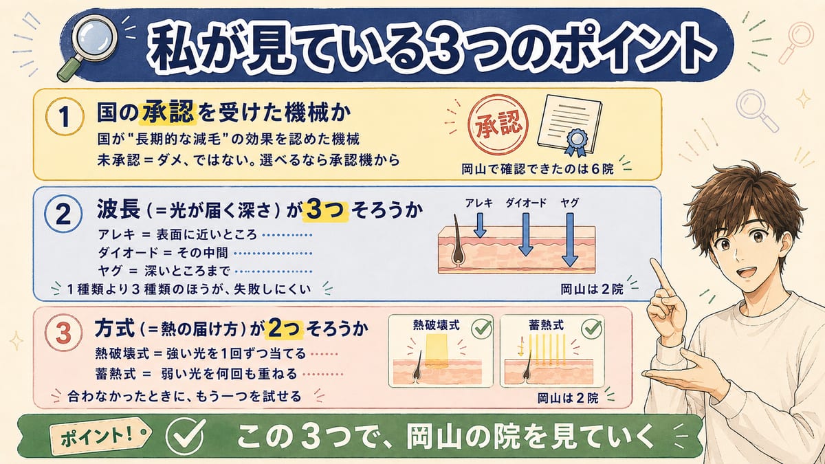 ヒゲ脱毛の院を選ぶ3つのポイント（国の承認・波長が3つそろうか・方式が2つそろうか）を、光が届く深さと熱の届け方のミニ図つきで説明した見出し図