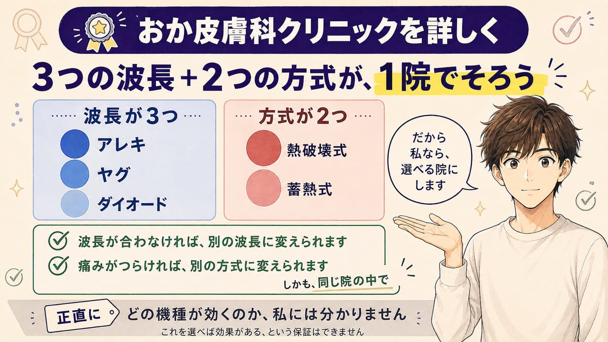 おか皮膚科クリニックなら3つの波長と2つの方式が1院でそろうと説明しつつ、どの機種が効くかは分からないと正直に添えた見出し図
