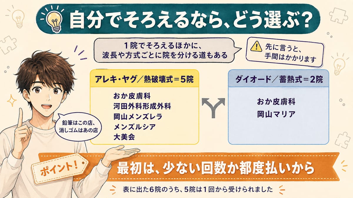 岡山のヒゲ脱毛を1院でそろえず院ごとに分けて選ぶ道として、熱破壊式の5院と蓄熱式の2院に分けた見出し図