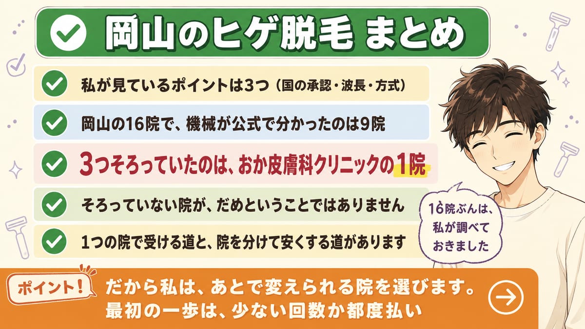 岡山のヒゲ脱毛のまとめとして、16院で機械が分かったのは9院、3つそろったのは1院、そろわない院がだめではないと伝える見出し図