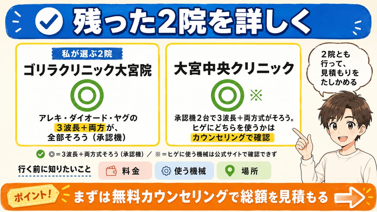 ゴリラクリニック大宮院と大宮中央クリニックの2院を対等に並べ、まず無料カウンセリングで総額を見積もると促す図