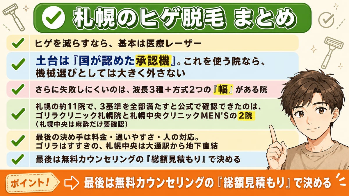 札幌のヒゲ脱毛は承認機で選びゴリラ(すすきの)と札幌中央(大通・地下直結)が残る、料金・通いやすさと見積もりで決める要点のまとめ図