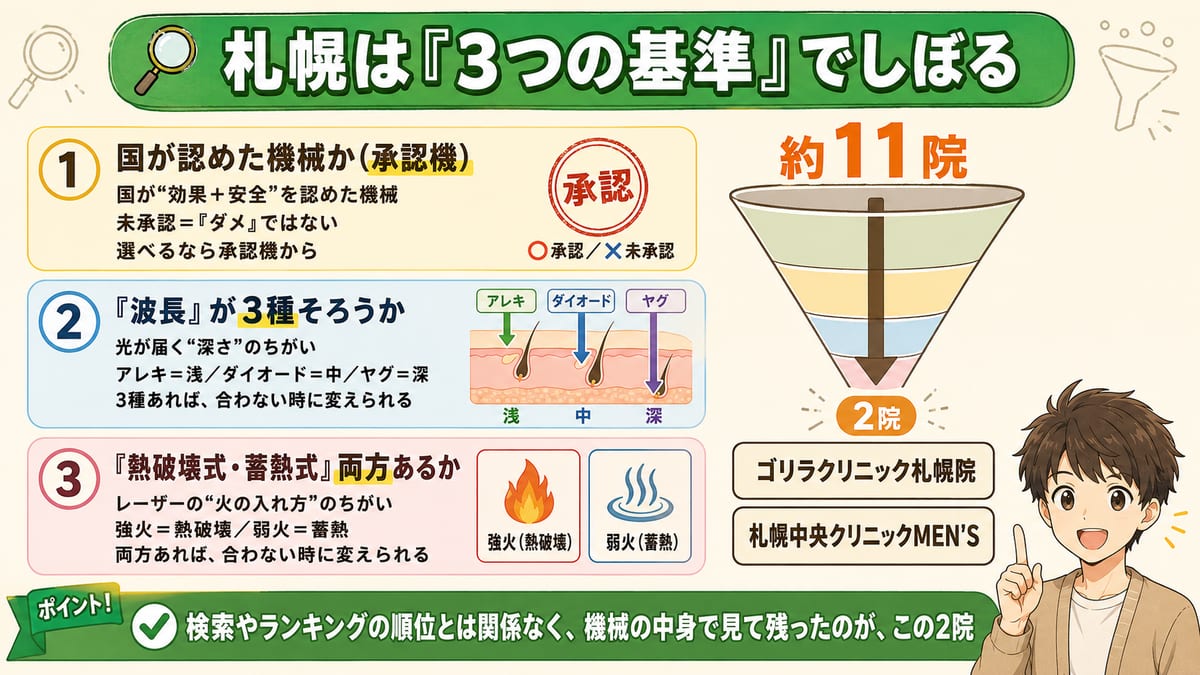 承認機・波長3種(アレキ/ダイオード/ヤグ)・方式2つの3基準で札幌の約11院をしぼり、2院が残る流れの図