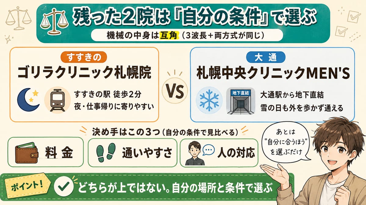 札幌で残ったゴリラ(すすきの)と札幌中央(大通・地下直結)の2院を、料金・通いやすさ・人の対応で見比べて決めるとまとめた図