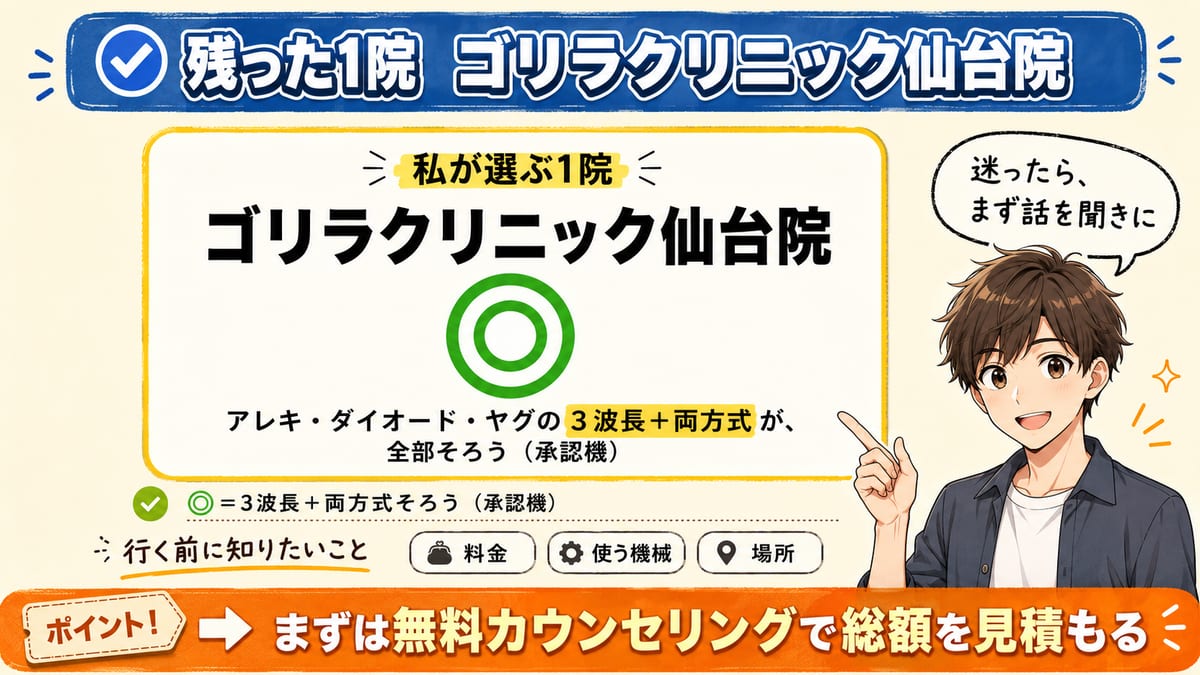 仙台で残ったゴリラクリニック仙台院を本命に、料金・使う機械・場所を詳しく見るとまとめた図