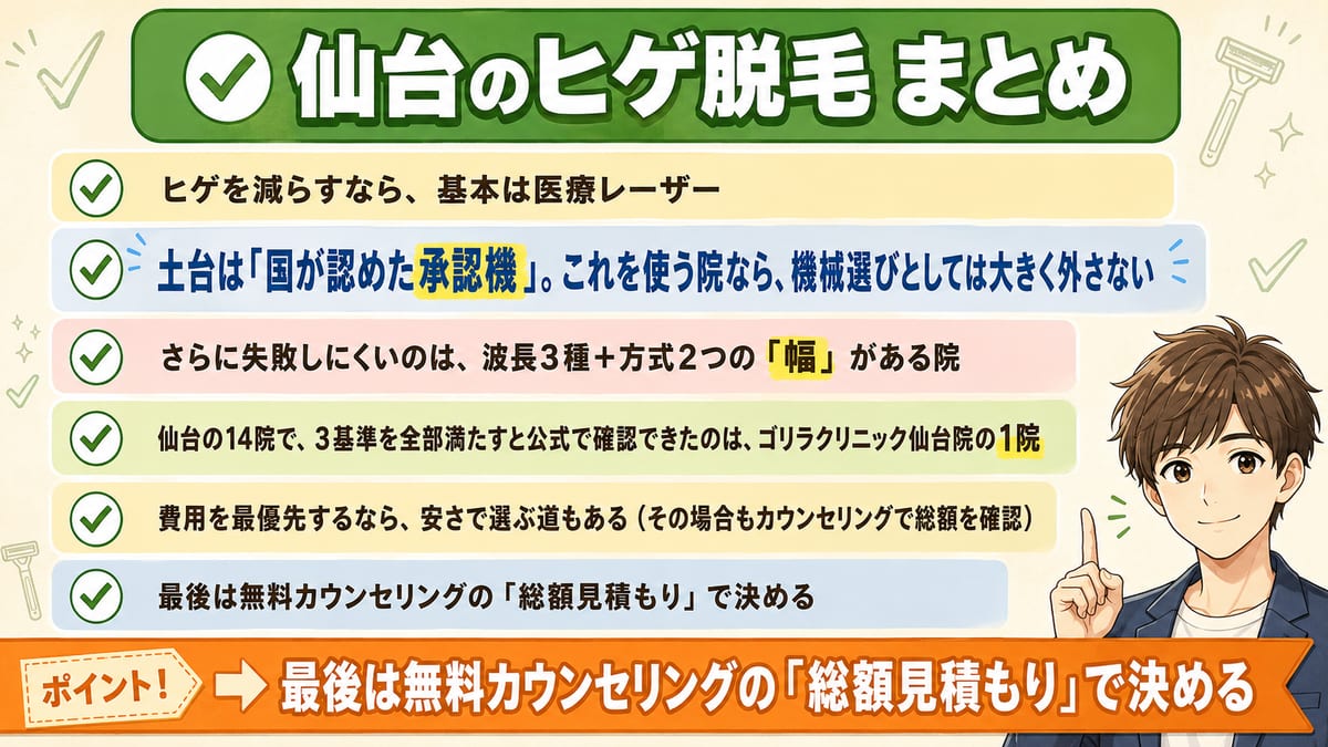 仙台のヒゲ脱毛は承認機で選びゴリラクリニック仙台院が残る、最後は総額見積もりで決める要点のまとめ図