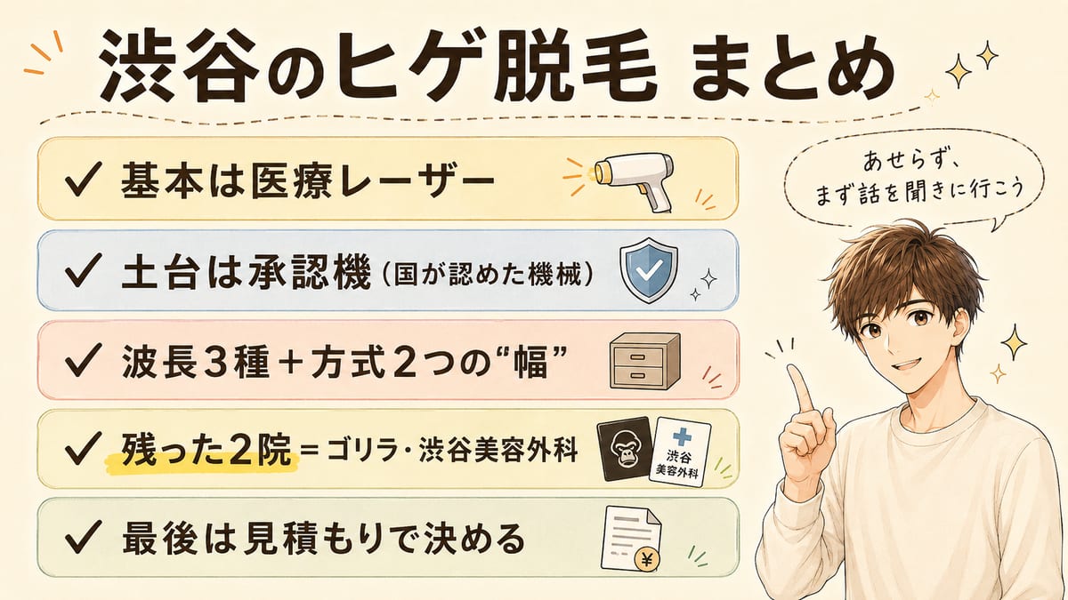 渋谷のヒゲ脱毛は承認機で選びゴリラと渋谷美容外科が残る、最後は見積もりで決める要点のまとめ図