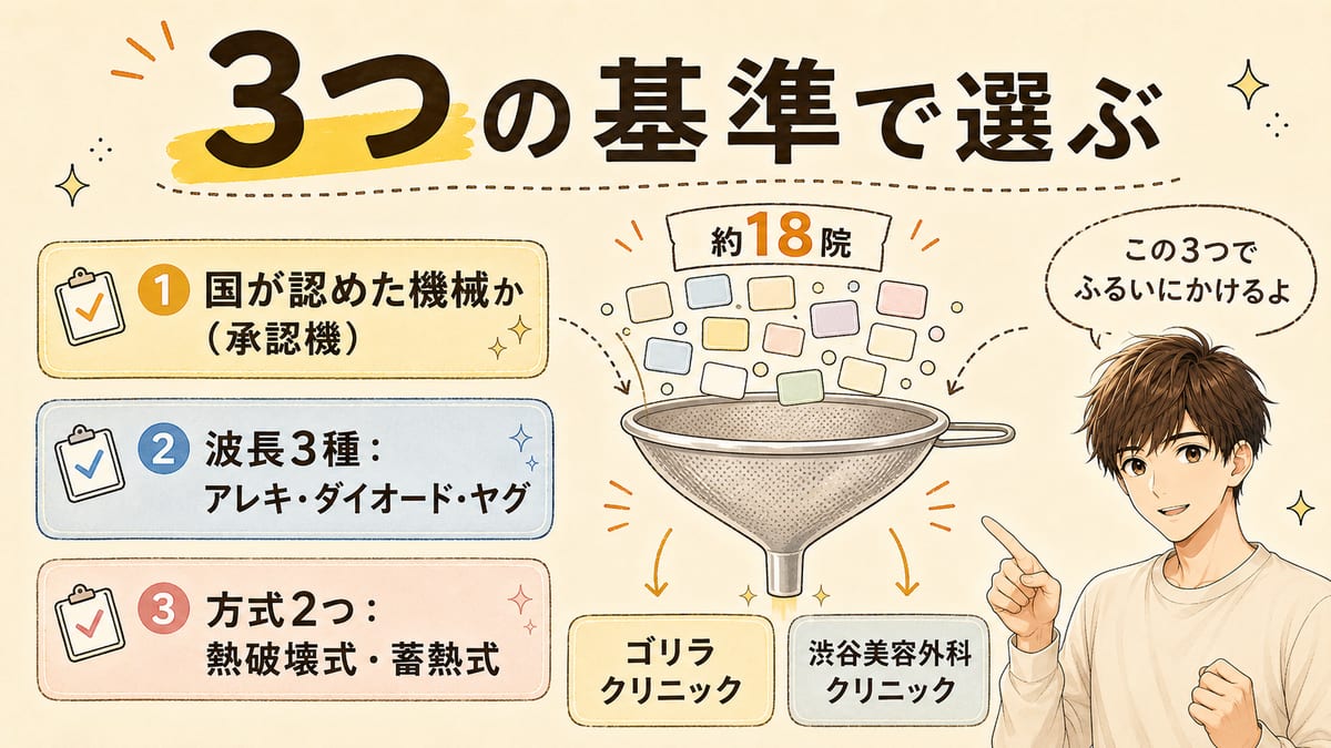 承認機・波長3種（アレキ/ダイオード/ヤグ）・方式2つの3基準で渋谷の約18院をゴリラと渋谷美容外科の2院に絞る流れの図