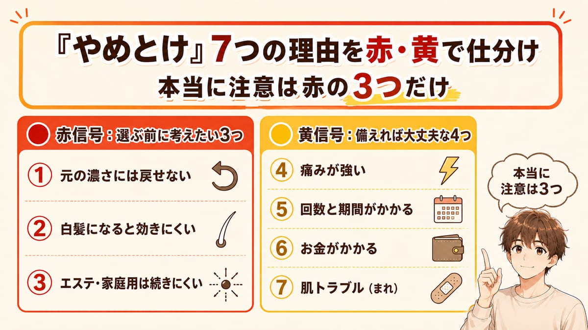 ヒゲ脱毛しないほうがいい7つの理由を赤信号3つと黄信号4つに仕分けた図