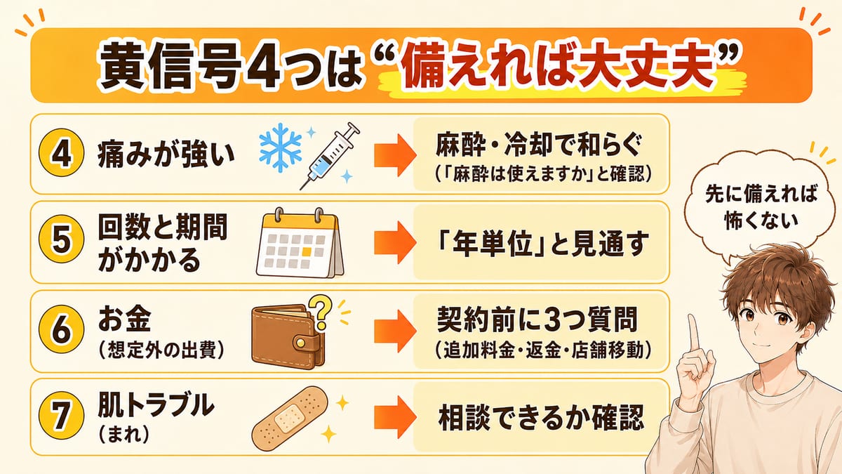 ヒゲ脱毛の痛み・回数・お金・肌トラブルへの備え方を問題と対策で示した図