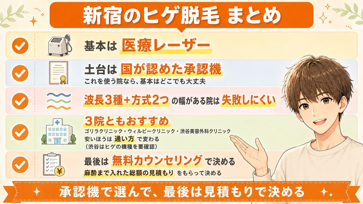 記事の要点5つ（医療レーザー・承認機・波長3種と方式2つ・残った3院・通い方で逆転）をまとめたチェックリストの図