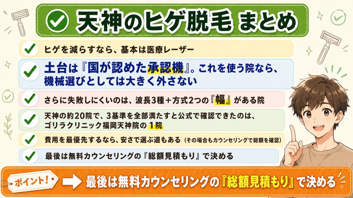 天神のヒゲ脱毛は承認機で選びゴリラクリニック福岡天神院が残る、最後は総額見積もりで決める要点のまとめ図