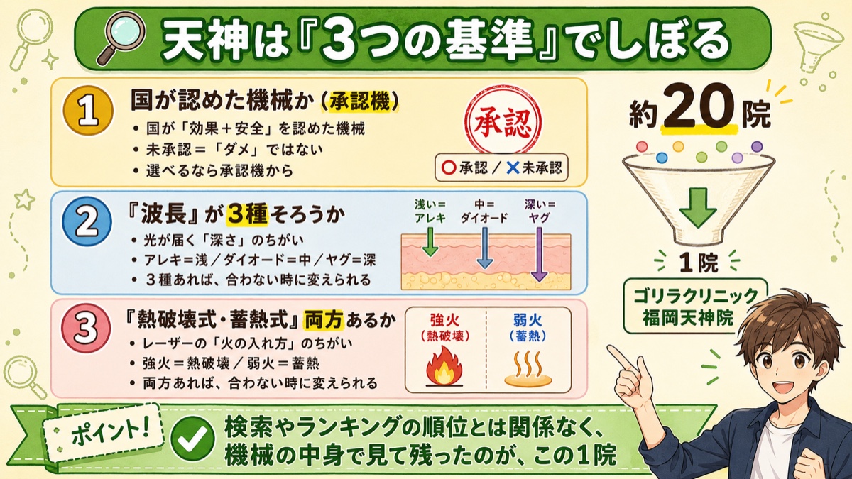 承認機・波長3種（アレキ/ダイオード/ヤグ）・方式2つの3基準で天神の約20院をしぼり、ゴリラ1院が残る流れの図
