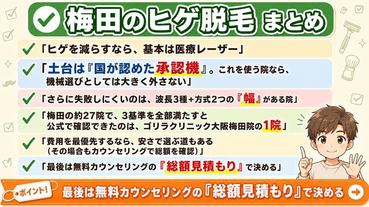 梅田のヒゲ脱毛は承認機で選びゴリラクリニック大阪梅田院が残る、最後は総額見積もりで決める要点のまとめ図