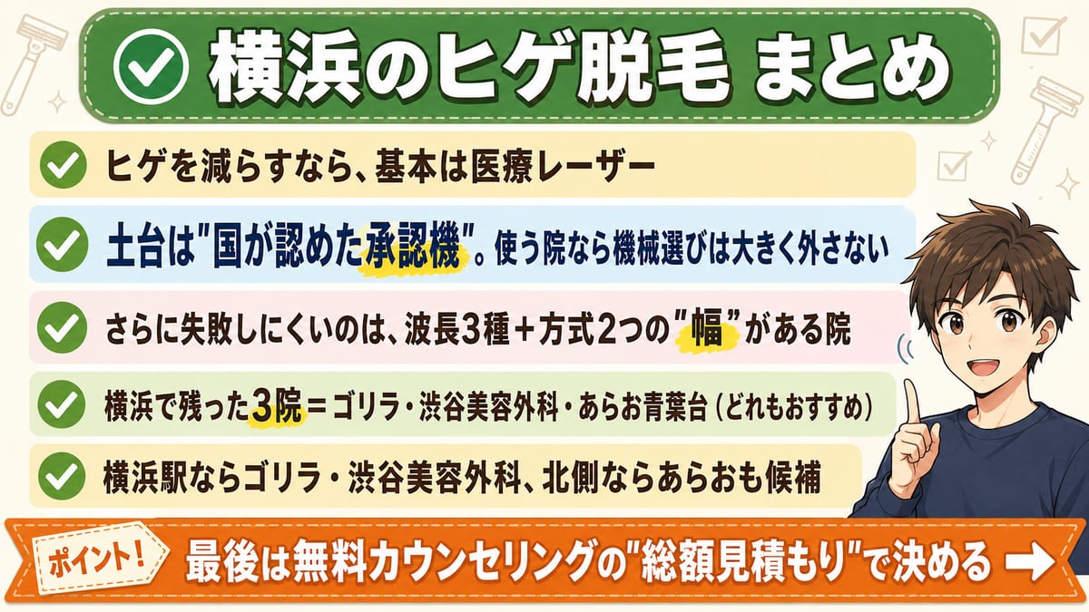 横浜のヒゲ脱毛は承認機で選びゴリラ・渋谷美容外科・あらおが残る、住む場所と見積もりで決める要点のまとめ図