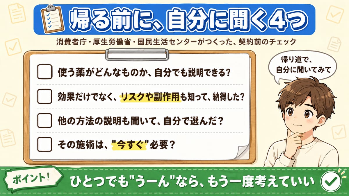 消費者庁・厚生労働省・国民生活センターがつくった契約前のチェックリスト図。使う薬を自分でも説明できるか、リスクや副作用も知って納得したか、他の方法も聞いて自分で選んだか、今すぐ必要か、の4つを帰る前に自分に聞く