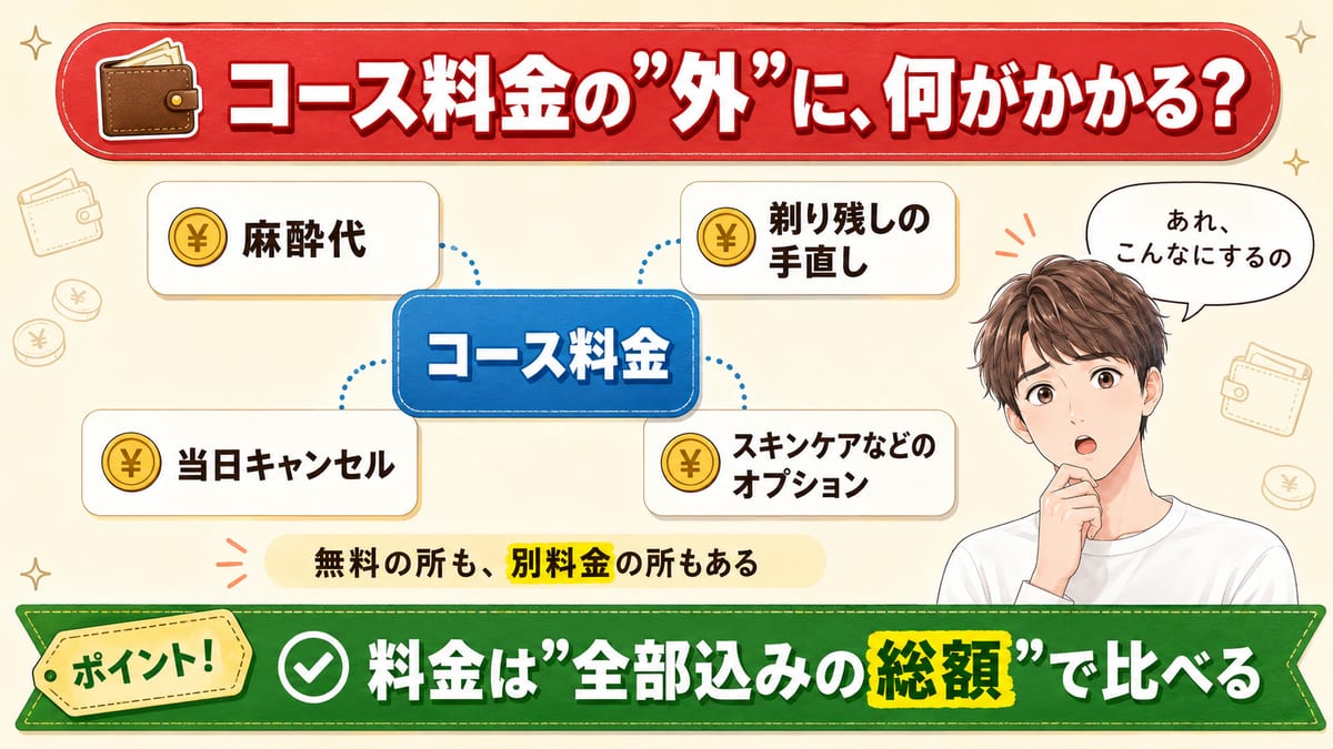 コース料金の外にかかるものを示した図。麻酔代・剃り残しの手直し・当日キャンセル・オプションがあり、料金は全部込みの総額で比べる