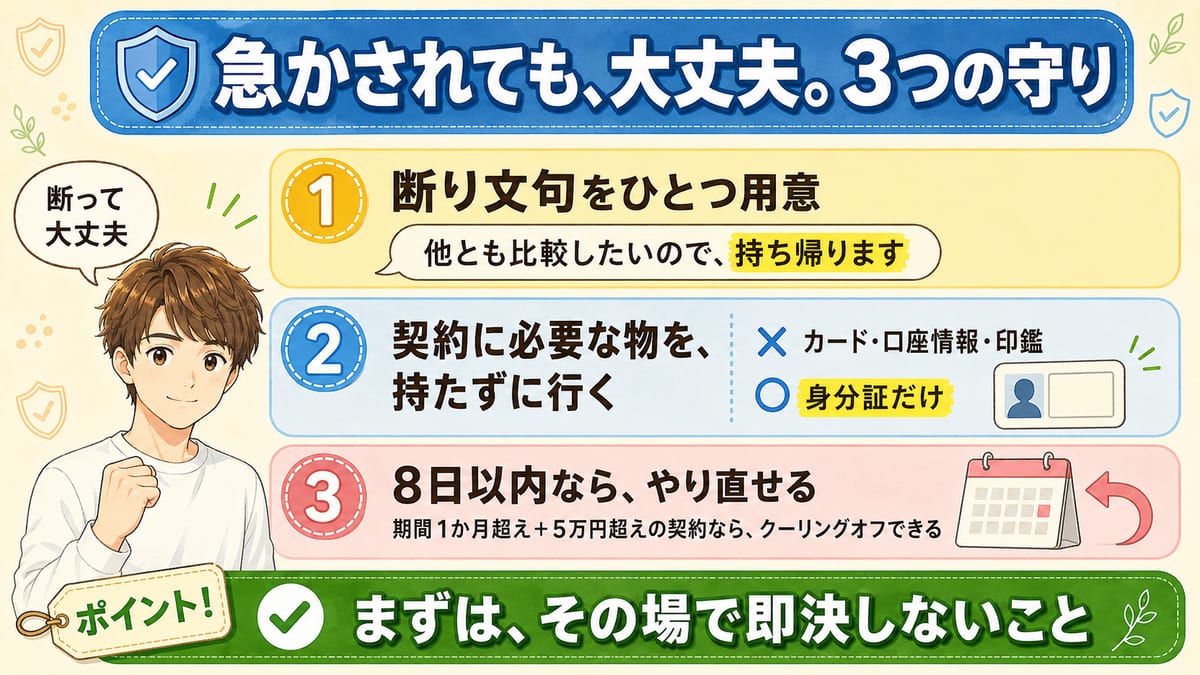 契約を急かされたときの3つの守りをまとめた図。断り文句を用意する、契約に必要な物を持たずに行く、条件を満たす契約なら8日以内はクーリングオフできる