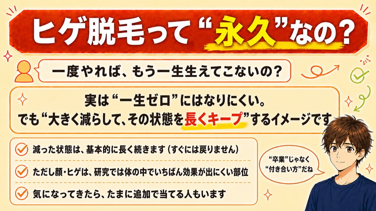 ヒゲ脱毛は一生ゼロにはならず、大きく減らして長くキープするイメージと示した図