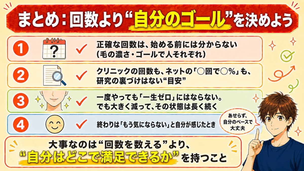 ヒゲ脱毛は回数より自分のゴールを決めようと、記事の要点4つをまとめた図