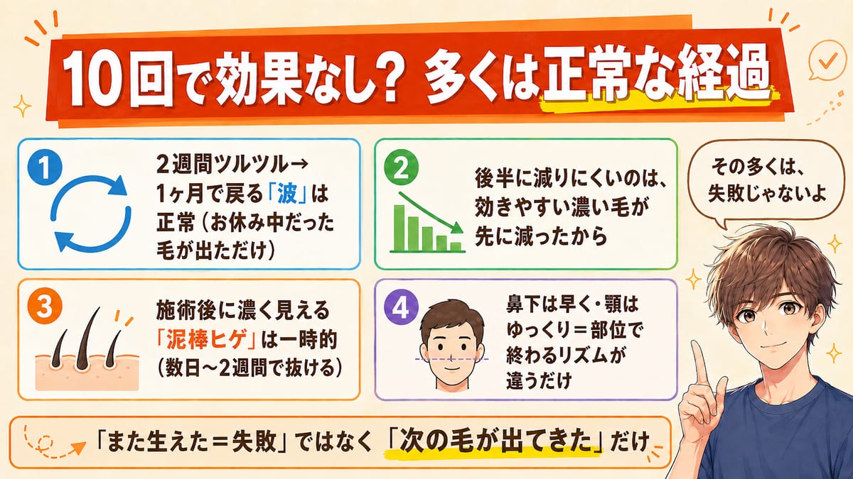 ヒゲ脱毛10回で効果なしと感じても多くは正常な経過と示した図。2週間ツルツルに戻る波・後半ゆっくり・泥棒ヒゲ・部位差の4つを「失敗じゃない」とまとめている