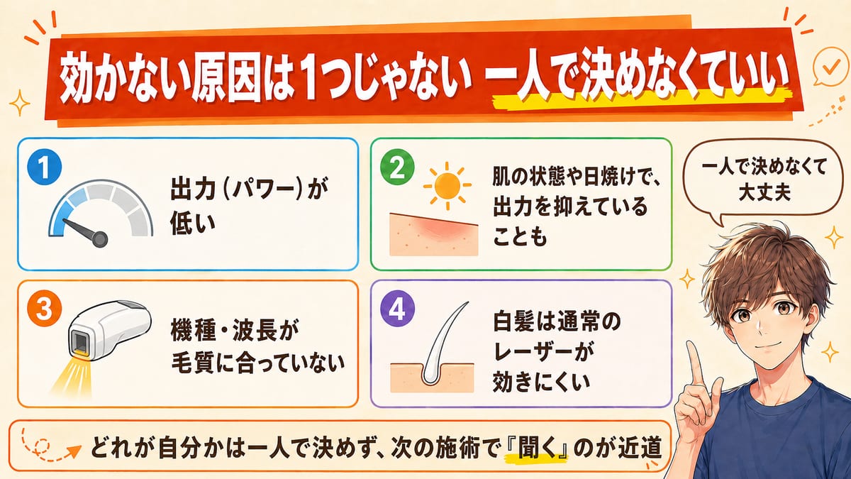 ヒゲ脱毛が効かない原因は1つでないと示した図。出力が低い・肌や日焼け・機種や波長が合わない・白髪の4候補を並べ、一人で決めず次の施術で聞こうとまとめている