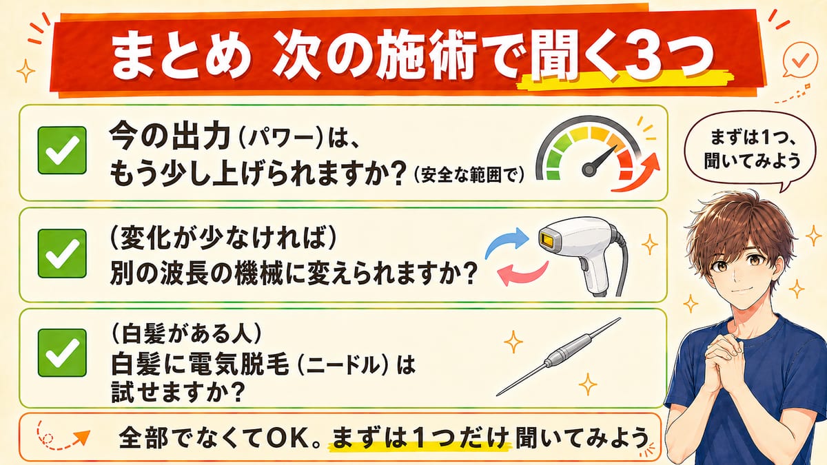 まとめとして次の施術で聞く3つの質問のチェックリスト図。出力を上げられるか・別の波長の機械に変えられるか・白髪に電気脱毛は試せるか、をまとめている