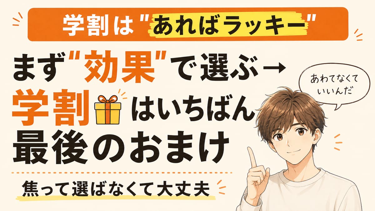 学割はあればラッキーのおまけで、まず効果で選べば焦らなくて大丈夫という結論の図。学割は選ぶ順番のいちばん最後