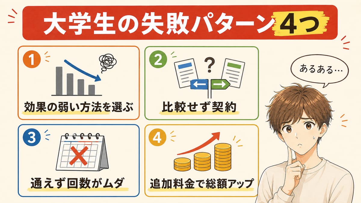 大学生がヒゲ脱毛でつまずく4つの失敗パターンをカードで並べた図。効果の弱い方法を選ぶ・比較せず契約・通えず回数がムダ・追加料金で総額アップ