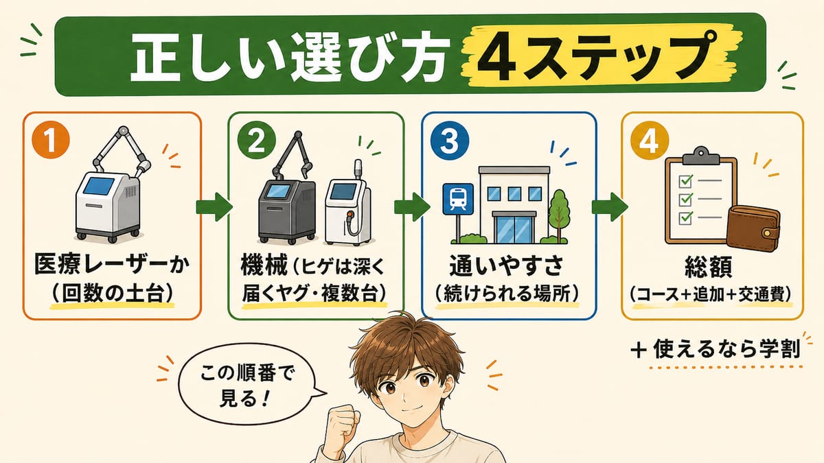 ヒゲ脱毛の正しい選び方4ステップの流れ図。1医療レーザーか・2ヒゲに合う機械・3通いやすさ・4総額、最後に使えるなら学割